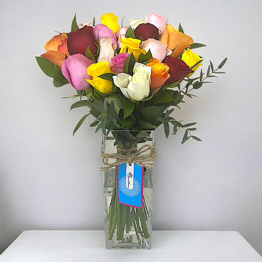 Vibrant Mixed Rose Bouquet with Eucalyptus in Cylinder Vase – Stunning Floral Display for Any Occasion