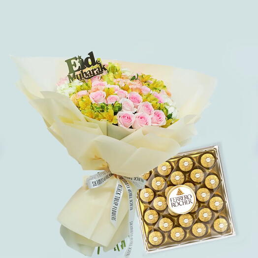 Happy Eid Flower Bouquet with Ferrero Rocher