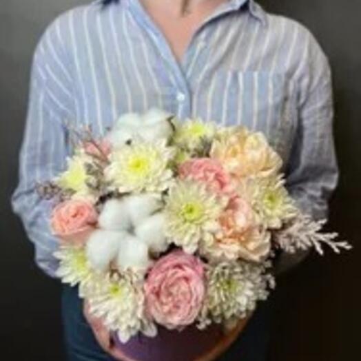 Composition, flowers in a purple MINI box with chrysanthemum, peony rose, cotton and dianthus