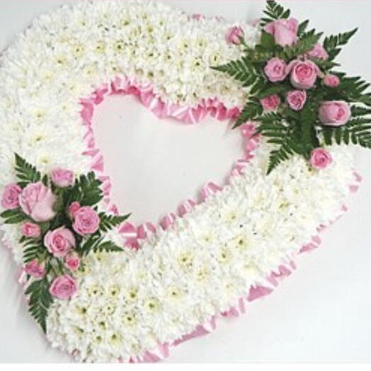 12" heart with 1 spray of roses   foliage