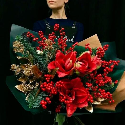 Ilex and Red Amaryllis Christmas Bouquet