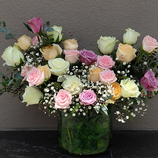 Happiness Basket ; Glass Basket with 24 Stems of mix Roses and Eucalyptus