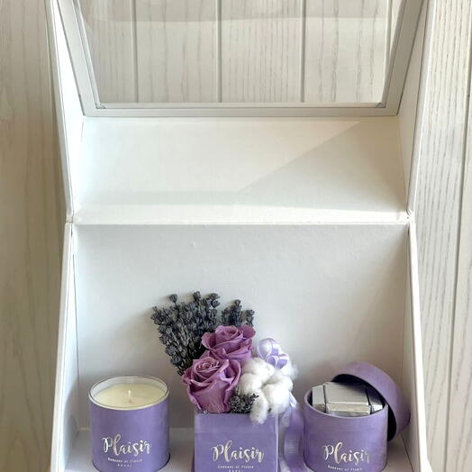Trio Double Lilac Preserved Rose Candle and Chocolate Gift Set