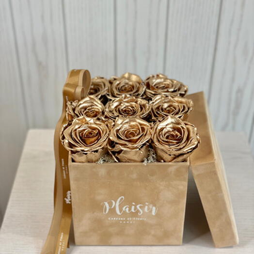 Nine Gold Preserved Roses in Tan Box