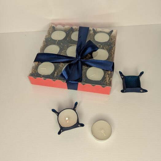 Подсвечники синие для чайных свечей в красной коробке