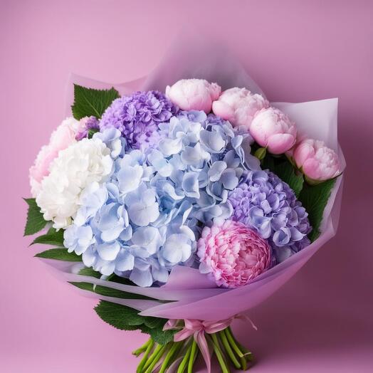 Bouquet of pink peonies and mixed hydrangeas