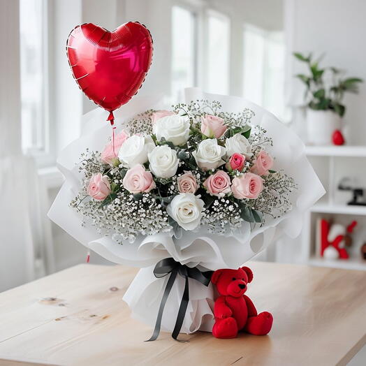 Valentines Day White and Pink Water wiwith Heart Shaped Balloon and Red Teddy