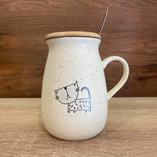 Кружка с крышкой и ложкой Котик-1 керамика бежевая 350 мл