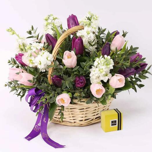 Painted Skies Floral Basket with Deluxe Patchi Chocolates