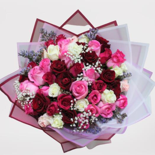 51 Red Pink and White Roses Bouquet