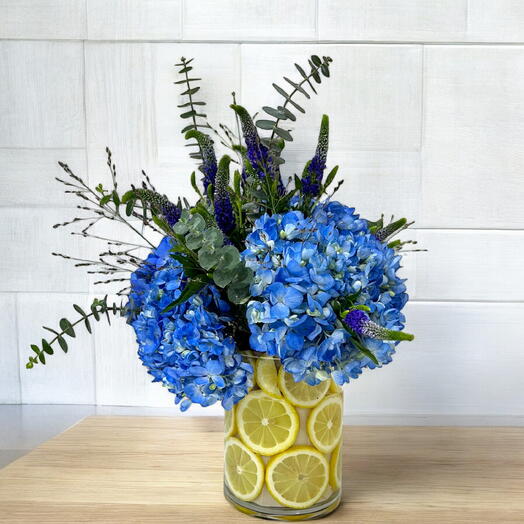 Fresh Hydrangea   Veronica Arrangement with Lemon Accents