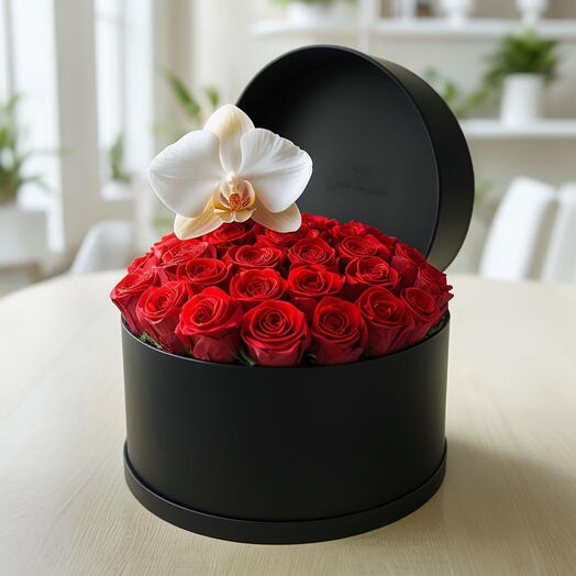 Valentines Day Red Roses with Single Orchid Arrangement