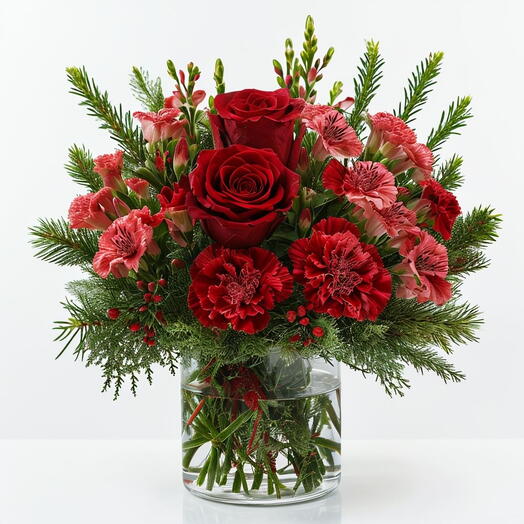 Elegant Floral Arrangement In Glass Vase With Lush Foliage