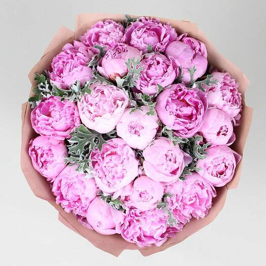 Bouquet of 21 pink peonies with greenery