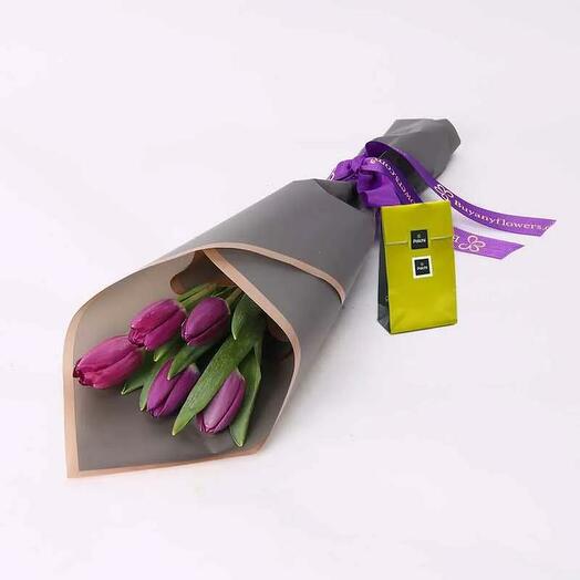 Dark Beauty 5 Purple Tulips and Deluxe Patchi Chocolates