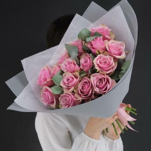 15 pink roses with eucalyptus