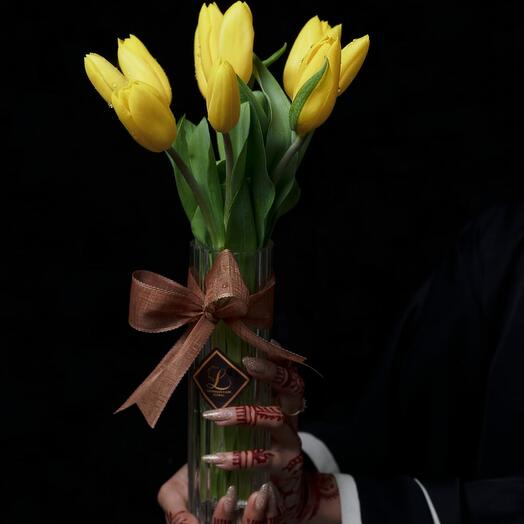 10 Yellow Tulips in a Glass Vase