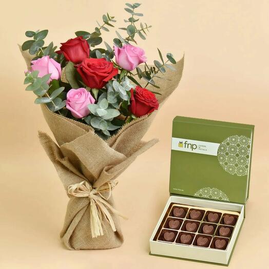 3 Pink 3 Red Roses Bouquet And Chocolates Box