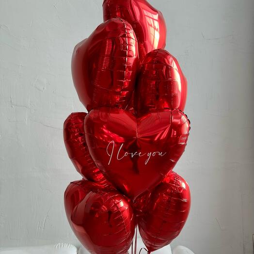 Фонтан из 10 шаров Красные сердца I love you