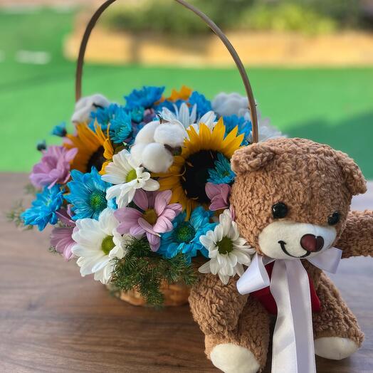 Daisies in a Wicker Basket with a Little Bear