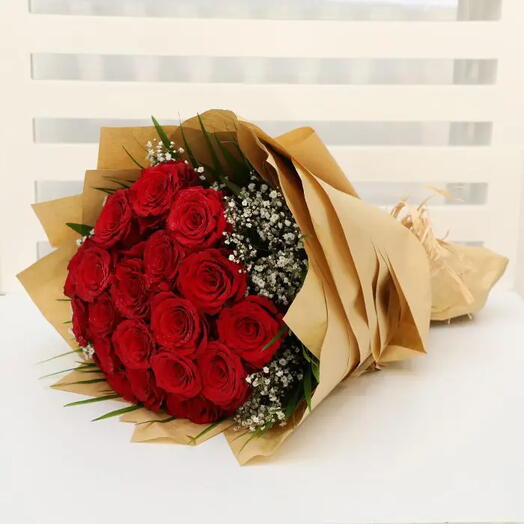 Valentines Day Red Roses Brown Wrapped Bouquet