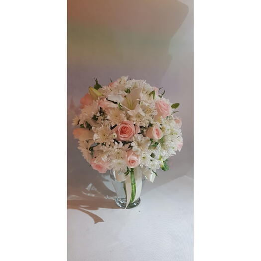 Alstromeria, Crysanthemum, Lilies   Roses In Glass Vase;