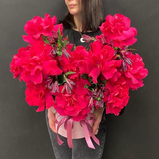 Rosas francesas carmesí con aslstromeria en Caja
