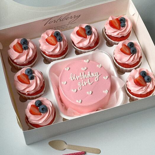 Conjunto de pastel de Bento grande y 8 cupcakes feliz cumpleaños