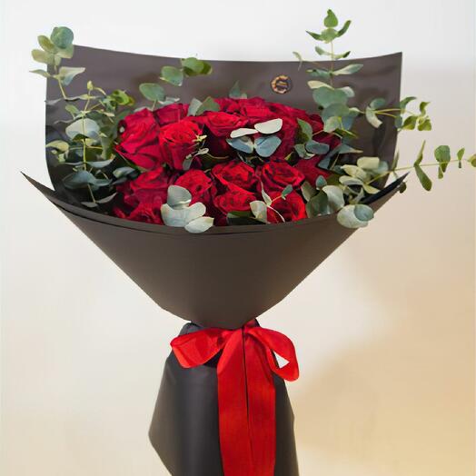 RED ROSES WITH FRESH EUCALYPTUS