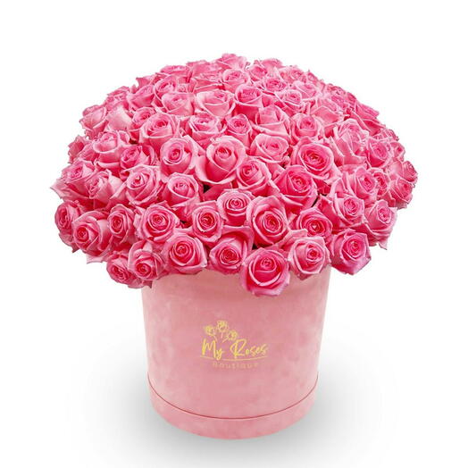 Pink Velvet Box With 100 Pink Roses