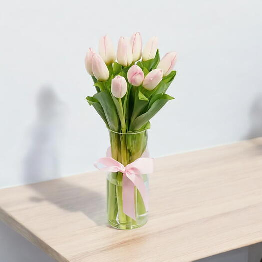 10 Light Pink Tulips In a Vase