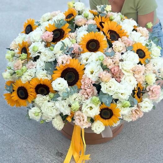 Sunflowers and lisianthus in box