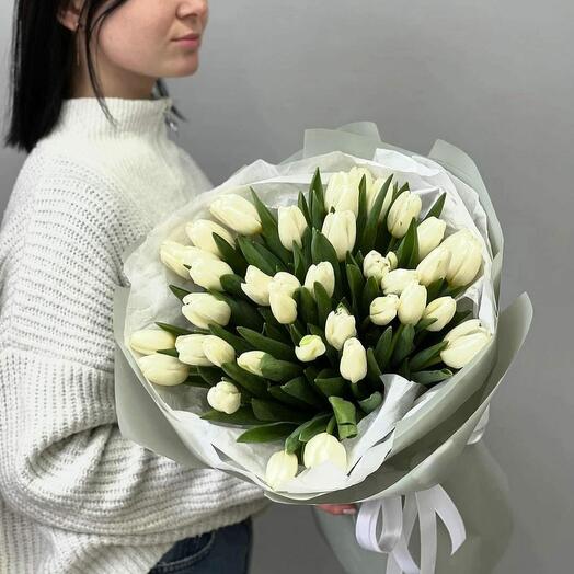 Белые тюльпаны 49 шт, букет белых тюльпанов