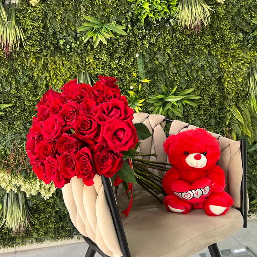 21 Red Roses with Teddy