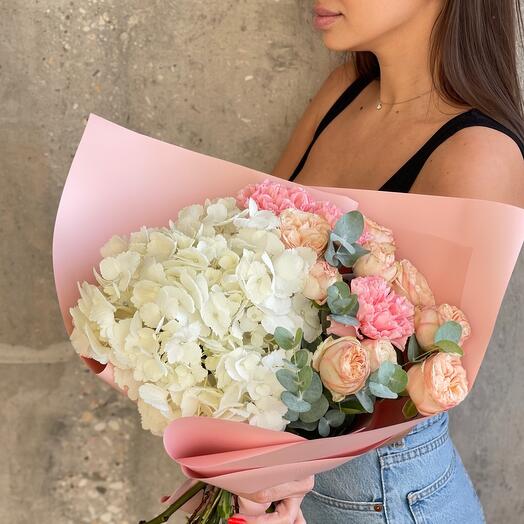 Hydrangeas with dianthus and bush rose