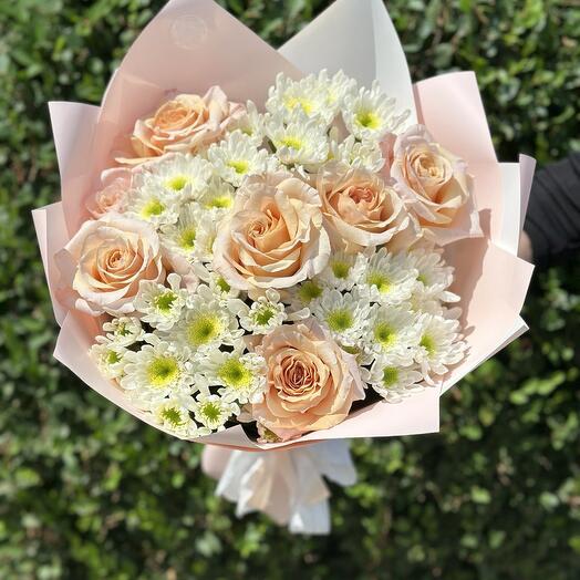 Bouquet of roses and chrysanthemums "To My angel"