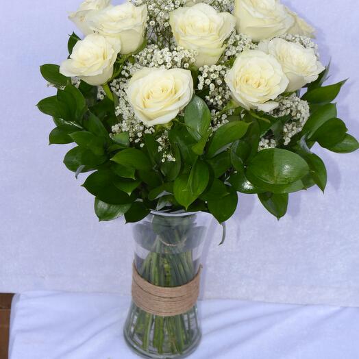12 White Roses In Vase