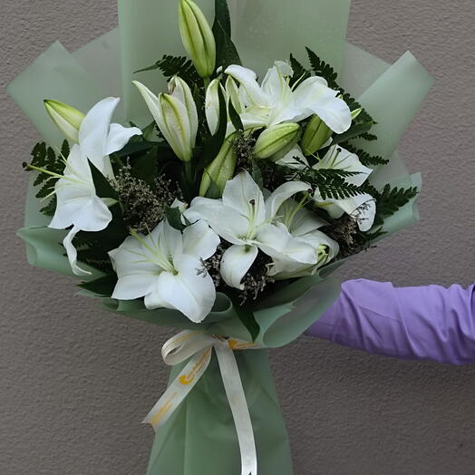 Classic White: Bouquet of 5 Stems of White Lilies with filllers in a nice wrraping