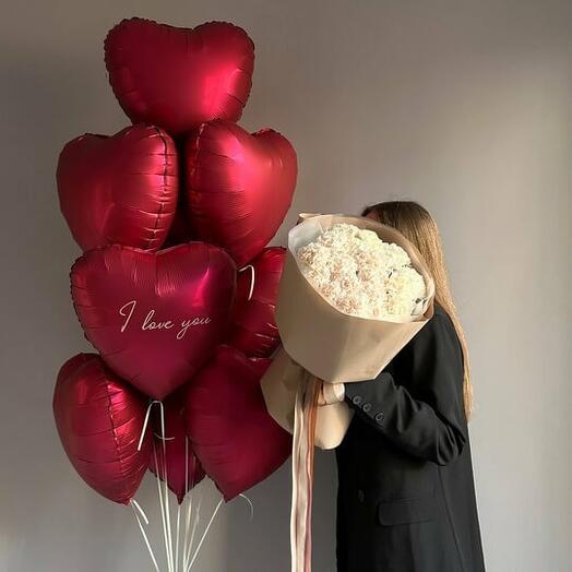 Набор сердец "I love you" с букетом