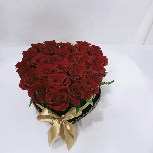 25 stems of Red roses in a heart shape box