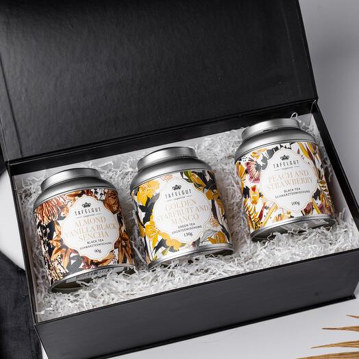 Подарочный набор из трёх чаёв "Almond vanilla black sencha", "Golden starfruit and mango" и "Peach and strawberry"