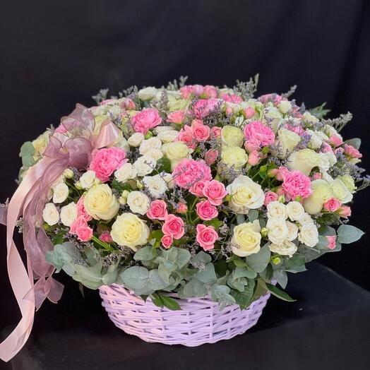 White rose and Pink rose in basket