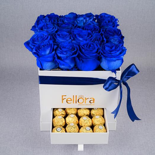 Blue Roses in a Squire White Box with Ferrero Rocher