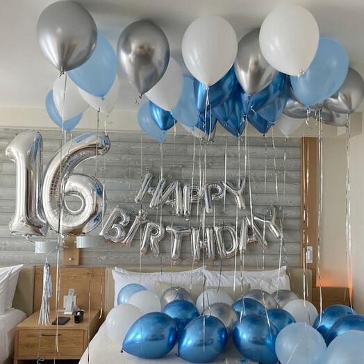 СЮРПРИЗ Комната 60 шт синий, голубой серебро. SURPRISE Room HAPPY BIRTHDAY 60 pcs blue, silver