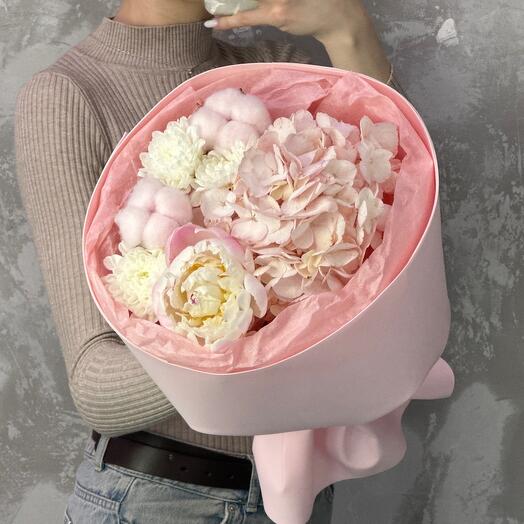 🌸 Романтичный нежный букет: пион, гортензия, хризантема, хлопок😍