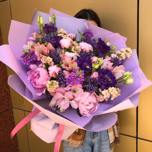 Букет с лавандой🌸, пионами, эустомой