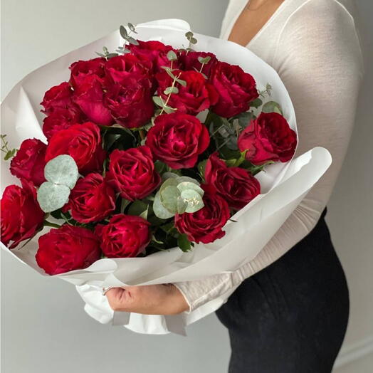25 Red roses with eucalyptus