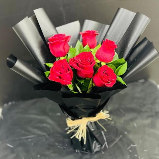 6 Red Roses Bouquet with Black wrapping