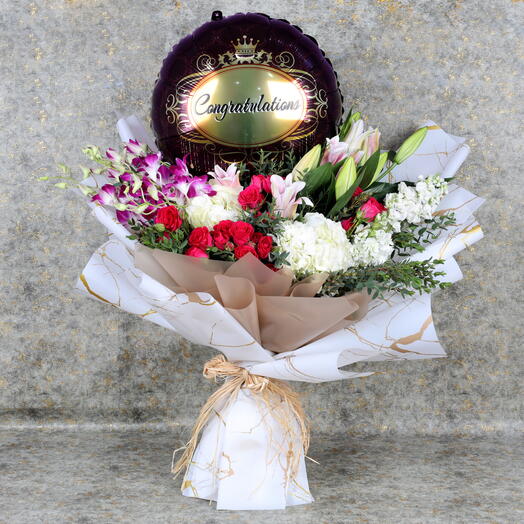 Elegant Flowers and Congratulations Balloon Bouquet
