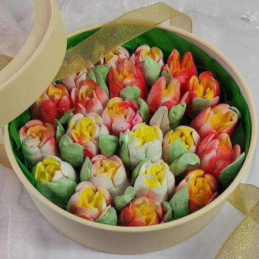 Tulipanes de malvavisco en una Caja de sombrero